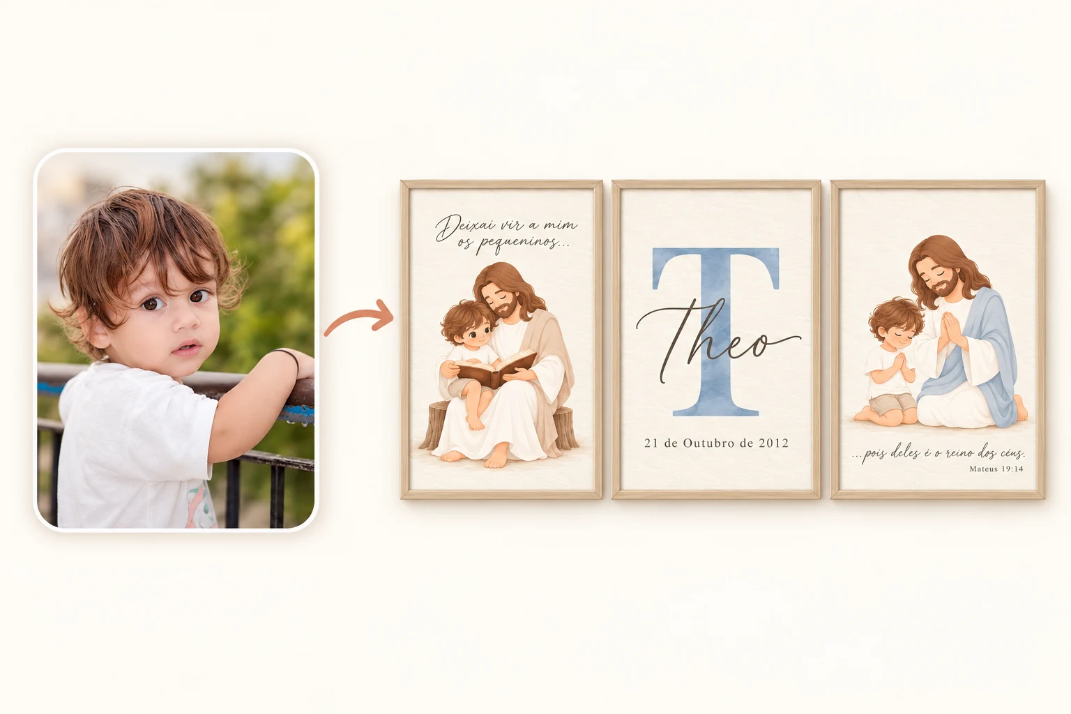 Foto de um menino ao lado de três quadros de decoração personalizados com Jesus