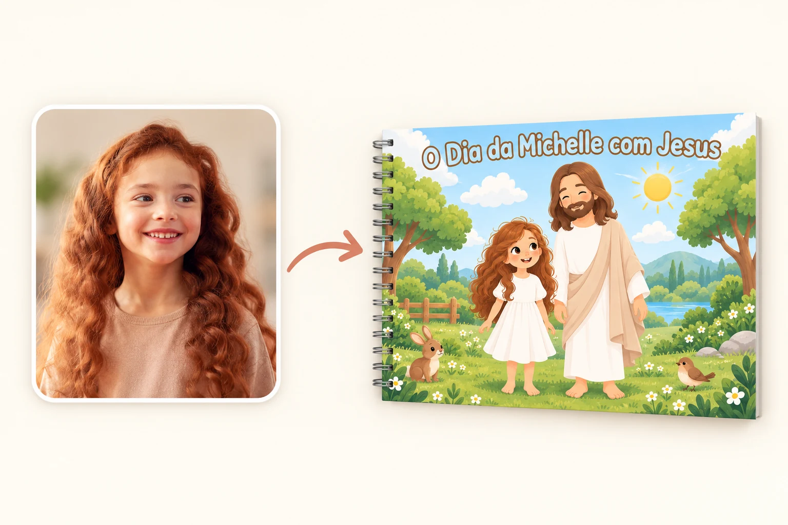 Foto de uma menina ao lado da capa do livrinho de colorir personalizado com Jesus