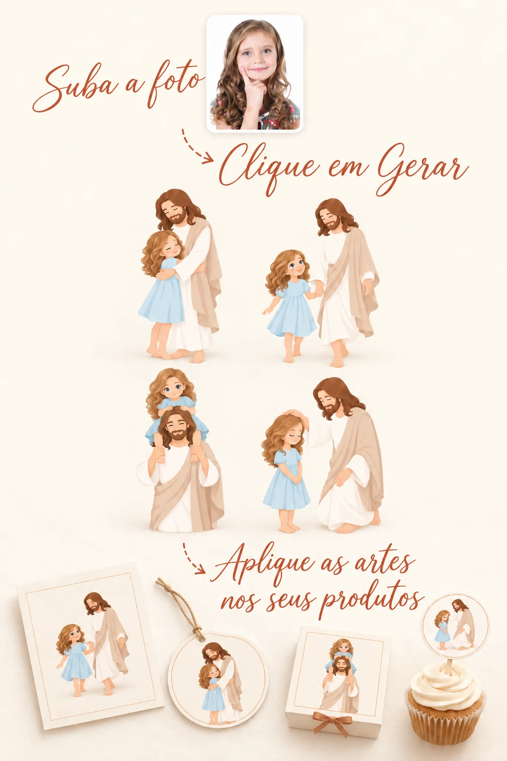 Passo a passo: a foto da criança vira quatro ilustrações de cenas com Jesus, que podem ser aplicadas em convites, tags, toppers e topos de bolo