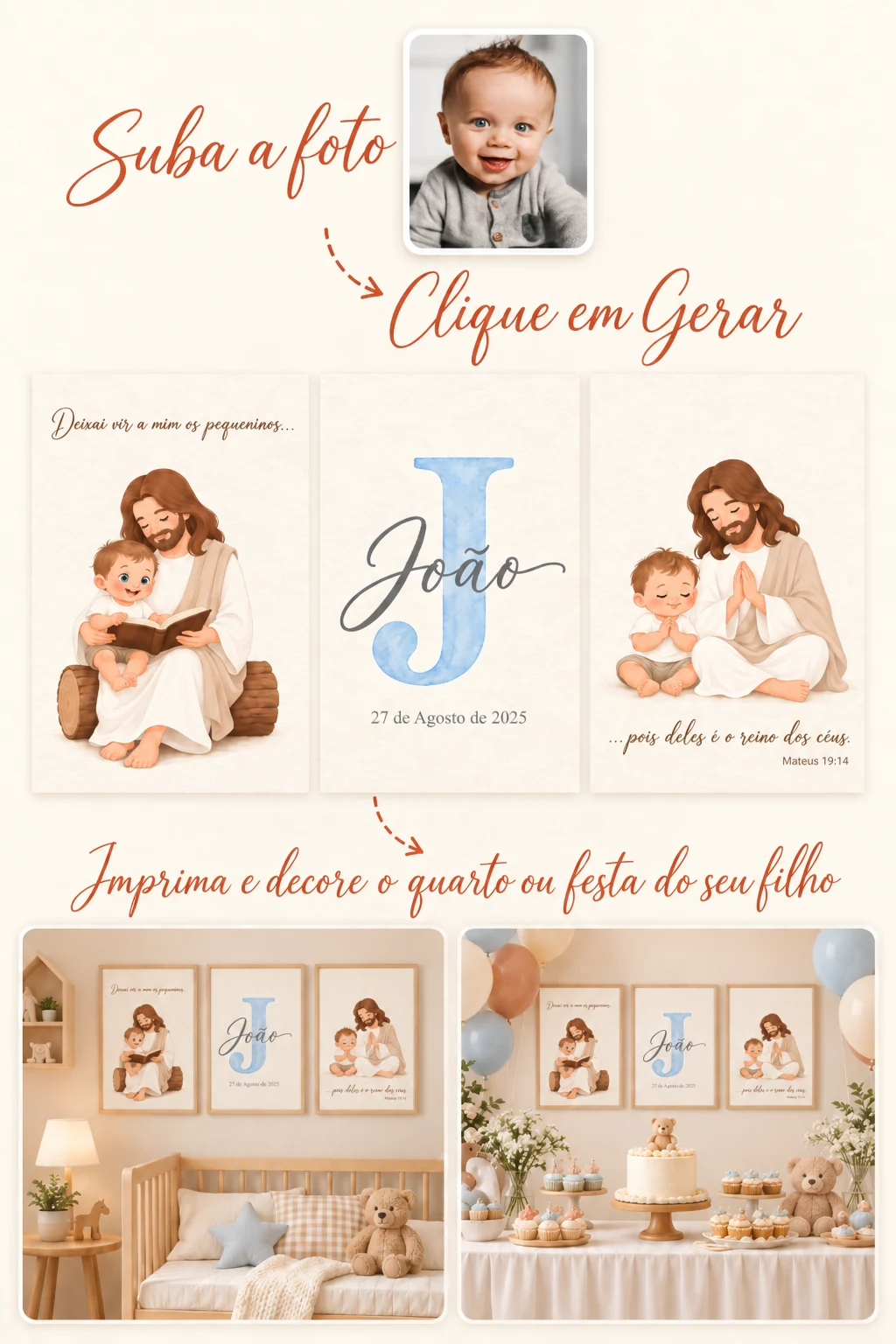 Passo a passo: a foto da criança vira três quadrinhos para decorar, usados na decoração de um quarto infantil